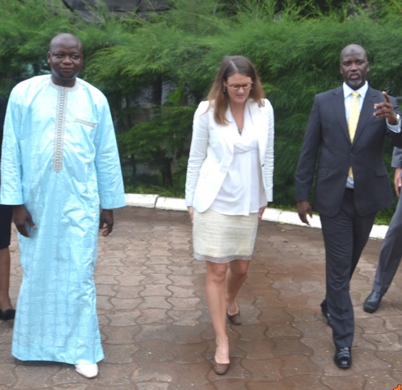 H.E. Ebrima Mballow, Minister of Interior, Dr. Alice Edwards, Head of the CTI Secretariat and H.E. Abubacarr Tambadou, Minister of Justice discussing collaboration between the Government of The Gambia and CTI.